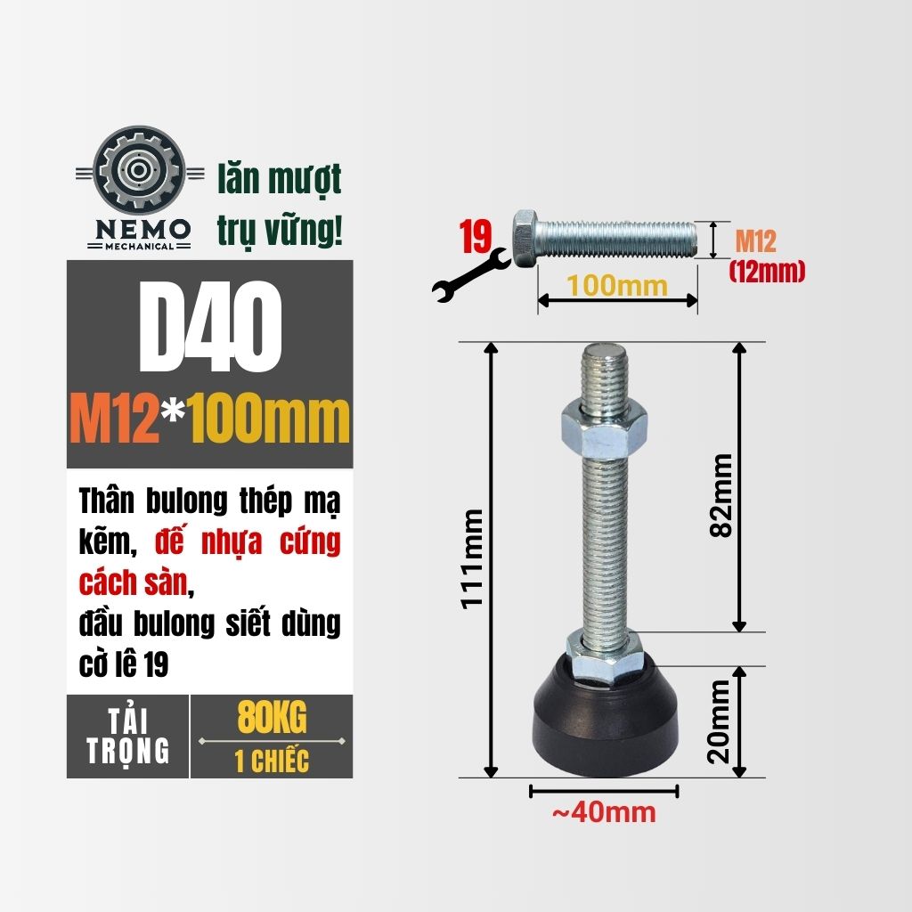 Chân Tăng Chỉnh Đế Nhựa Cứng – Giải Pháp Cân Bằng & Chống Rung (M10, M12, M16)